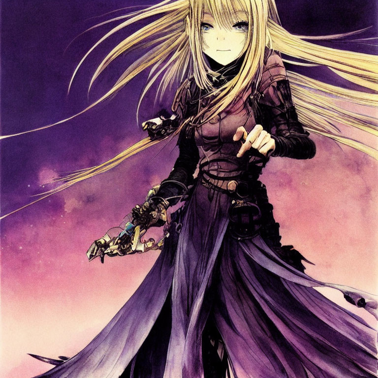 Blond-Haired Female Anime Character in Purple Battle Outfit