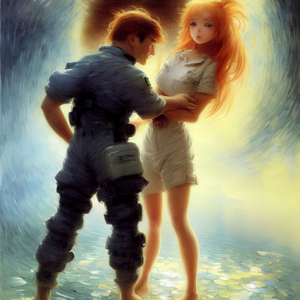 Illustration of two characters in futuristic and white outfits against warm abstract backdrop