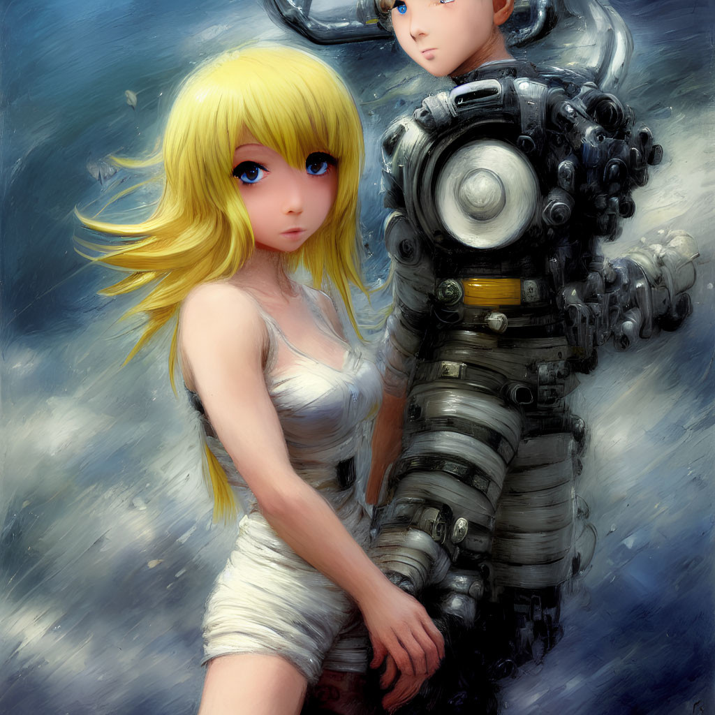 Blonde Anime-Style Girl with Blue Eyes and Robotic Figure Underwater