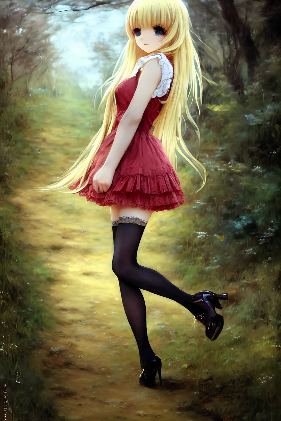 Blonde girl in red dress and black stockings walking in forest path