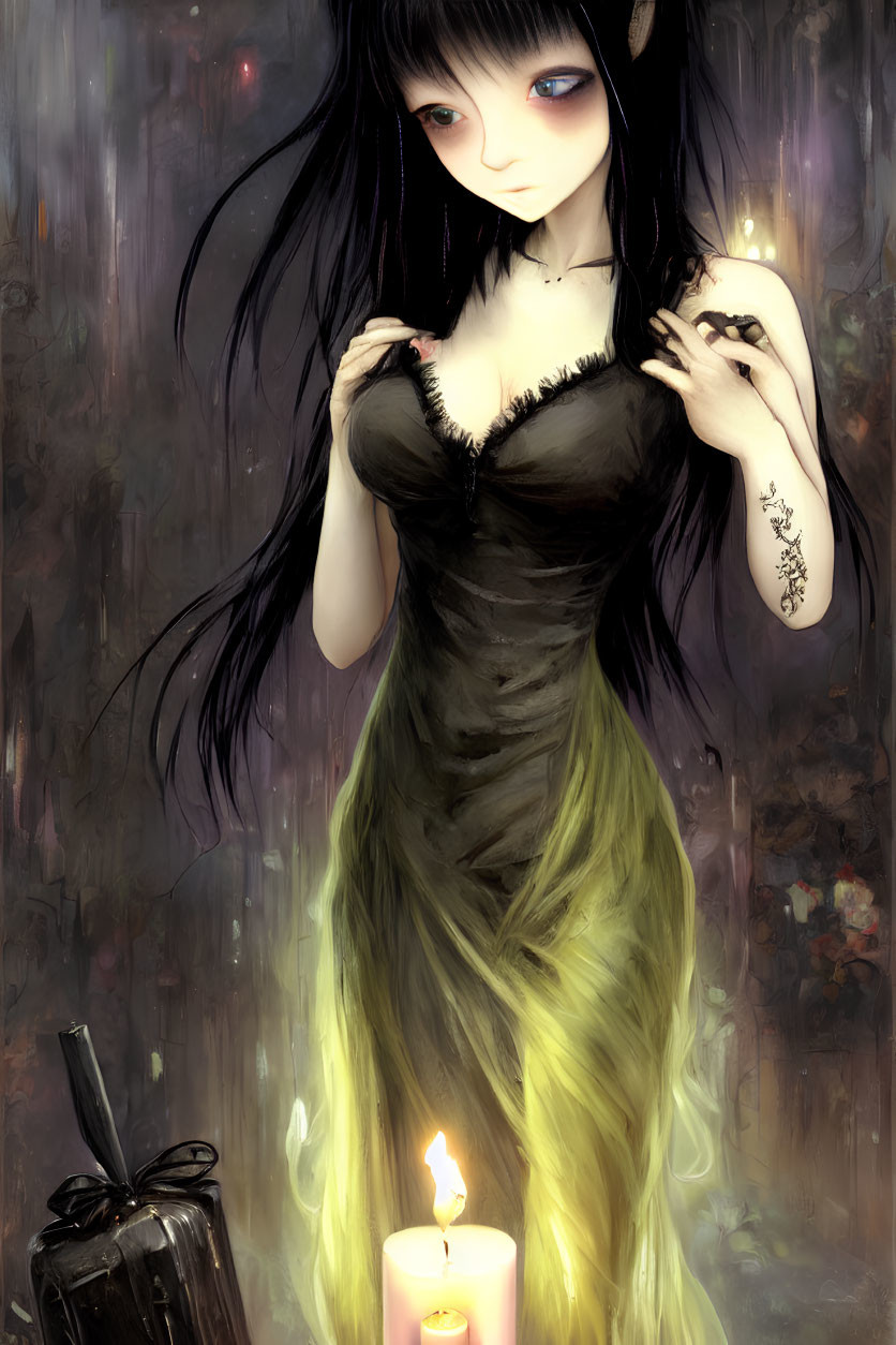 Gothic-style animated girl with black hair and blue eyes in dimly lit setting