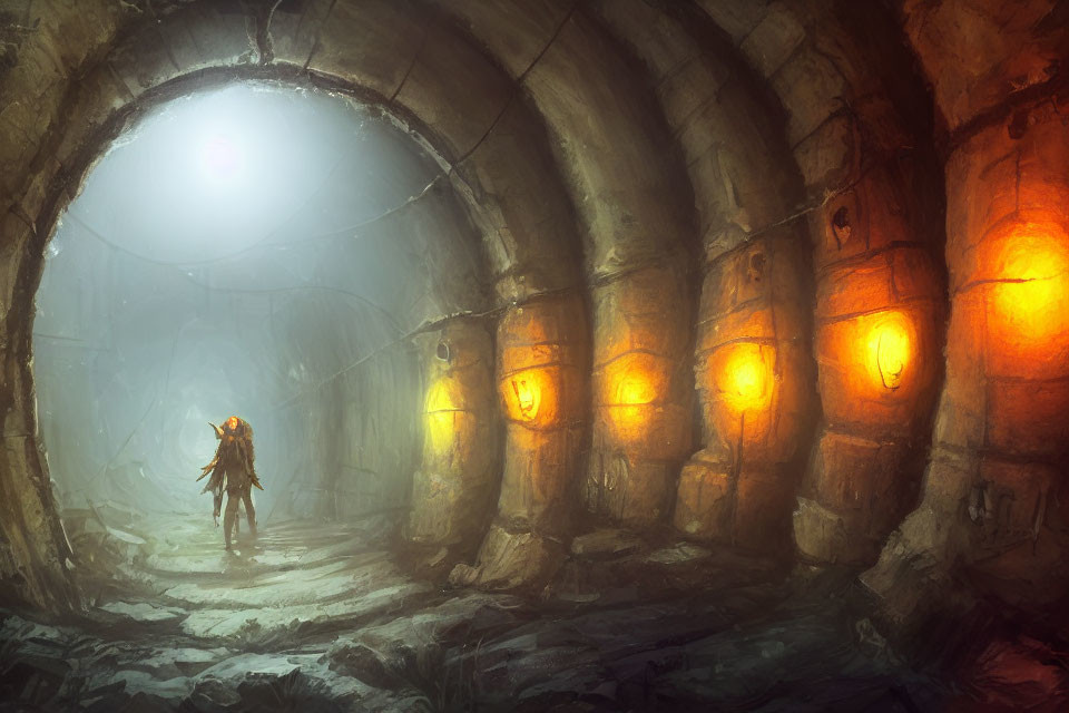Figure in illuminated ancient tunnel with misty opening