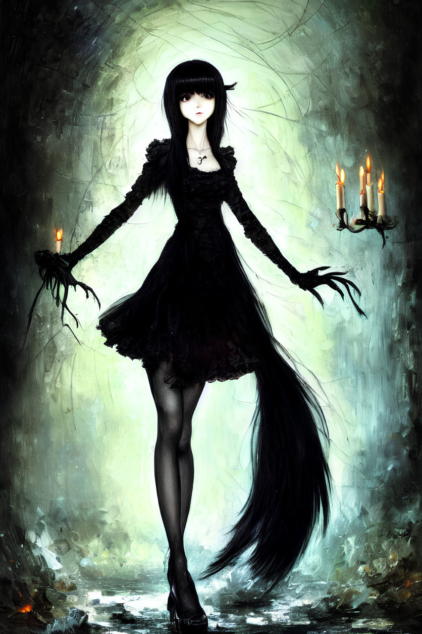 Gothic-style animated character with long black hair in dark dress holding candlestick in misty atmosphere