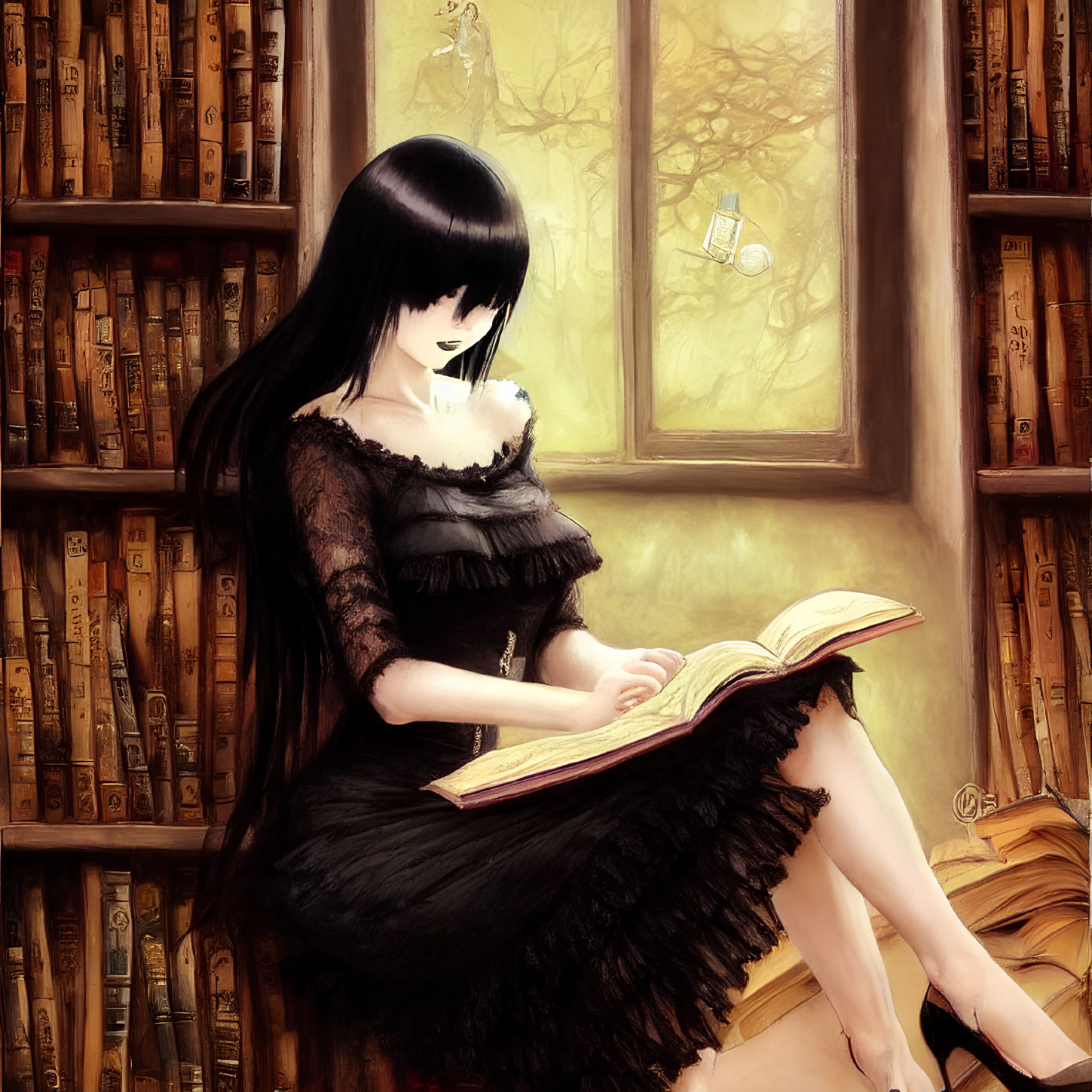 Gothic-style animated girl reading in warmly lit room