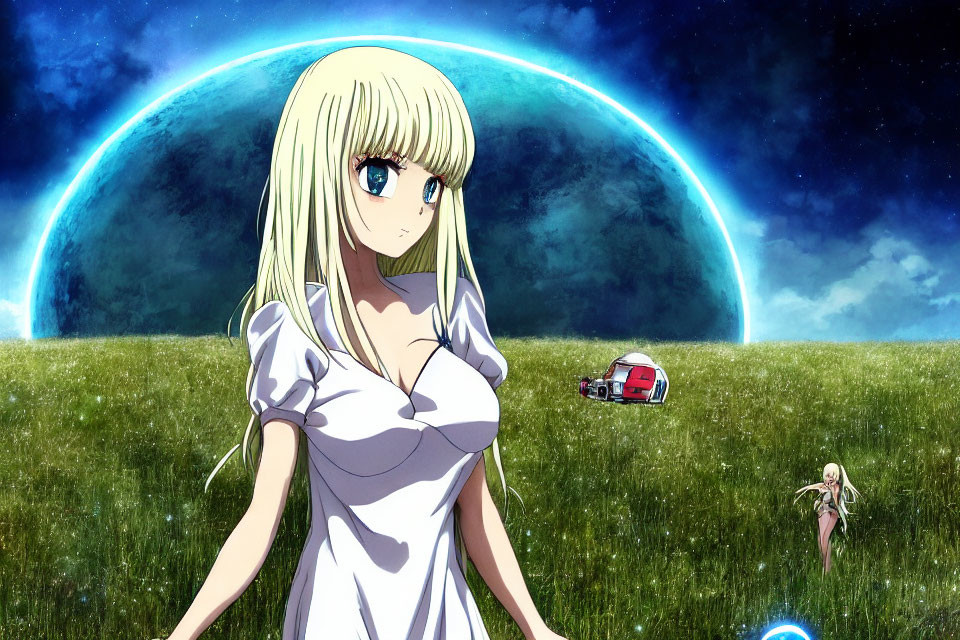 Blonde anime girl in field at night with blue eyes and starry sky