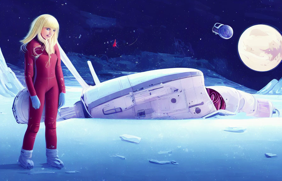 Blonde astronaut in red spacesuit on snowy alien surface with crashed spaceship