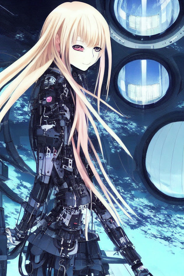 Blonde-Haired Female Anime Character with Cyborg Body in Futuristic Setting
