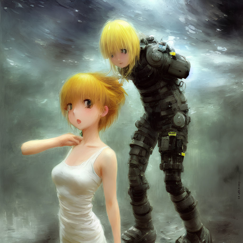 Anime-style characters in tank top and futuristic armor amidst hazy backdrop