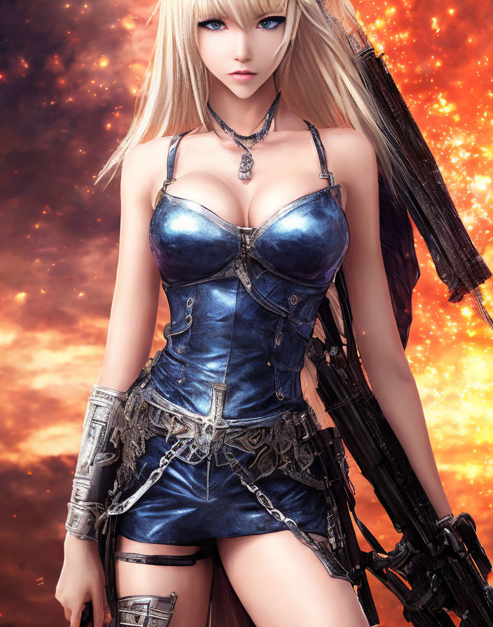 Digital artwork: Female character with blonde hair in futuristic blue corset, holding large gun in fiery sky
