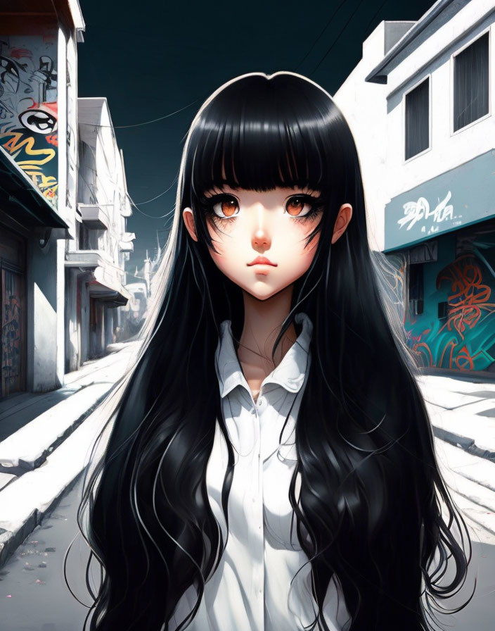 Digital artwork: Girl with large eyes and long black hair in graffiti-filled alley
