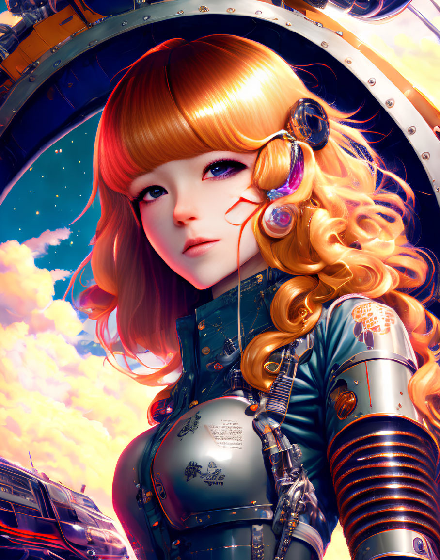 Anime-style digital artwork: Female character with orange wavy hair, futuristic headphones, and sci-fi armor