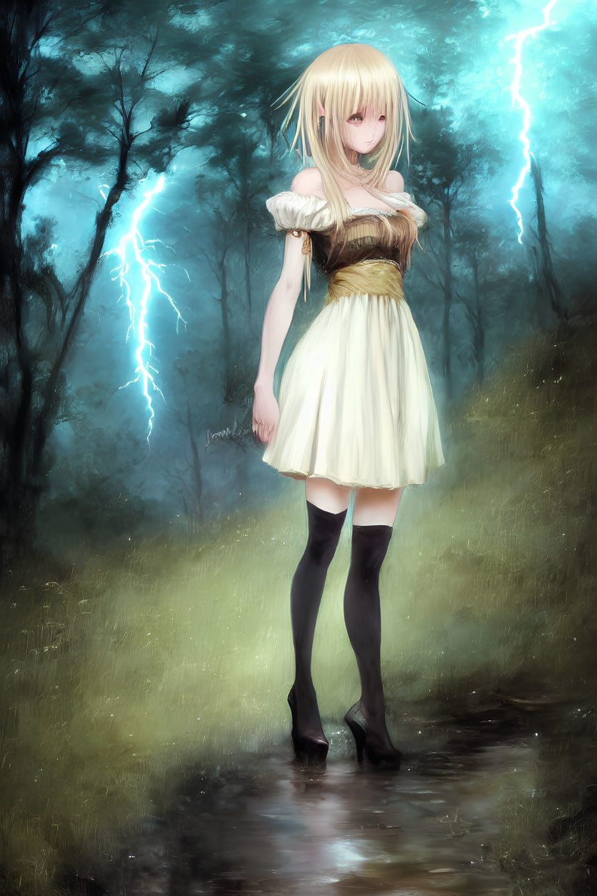 Blonde-Haired Anime Girl in White Dress in Mystical Forest