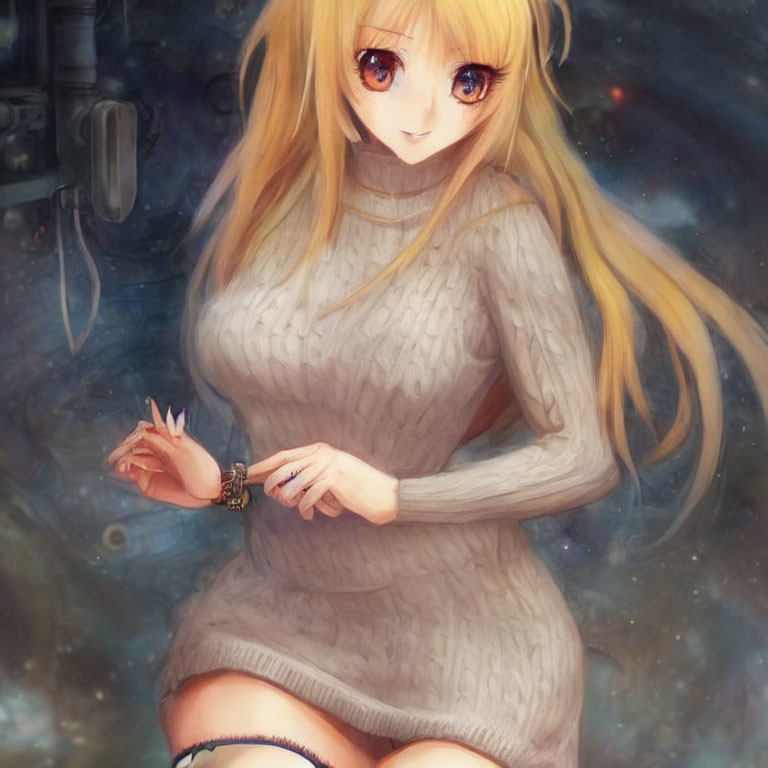 Blonde Anime Character in Grey Dress on Mechanical Background