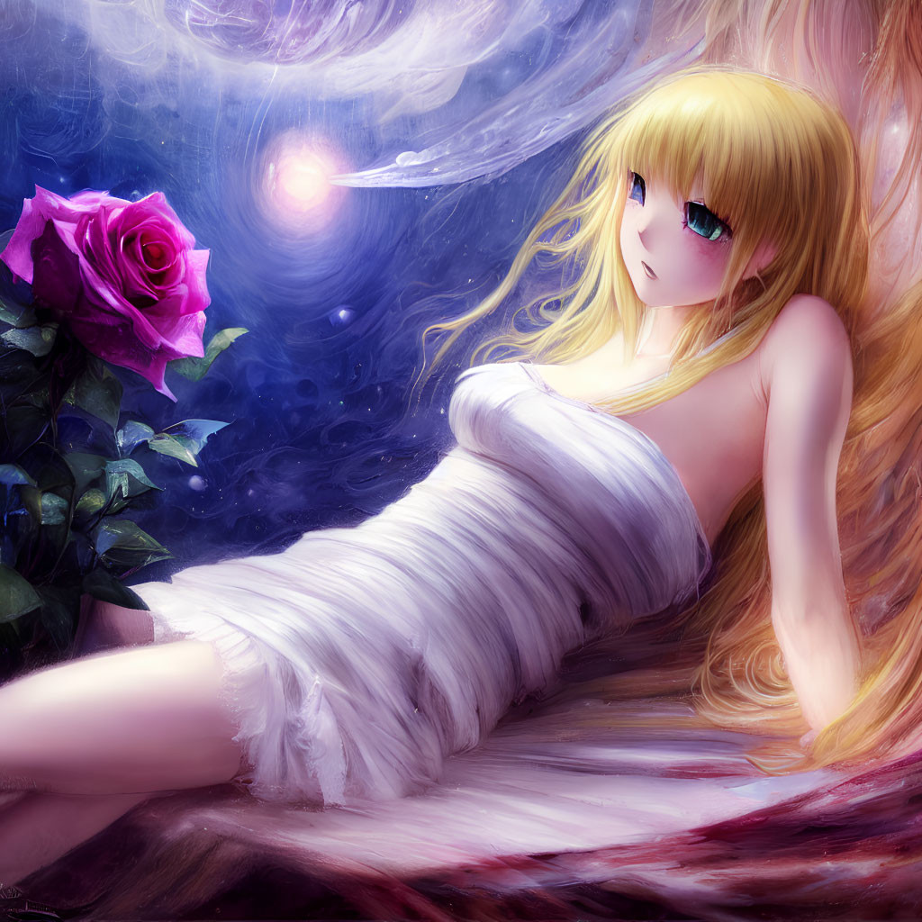 Blonde girl in white dress with pink rose on cosmic backdrop