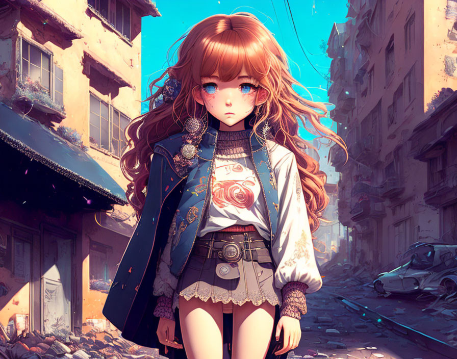 Brown-haired anime-style girl in ornate outfit in urban alley