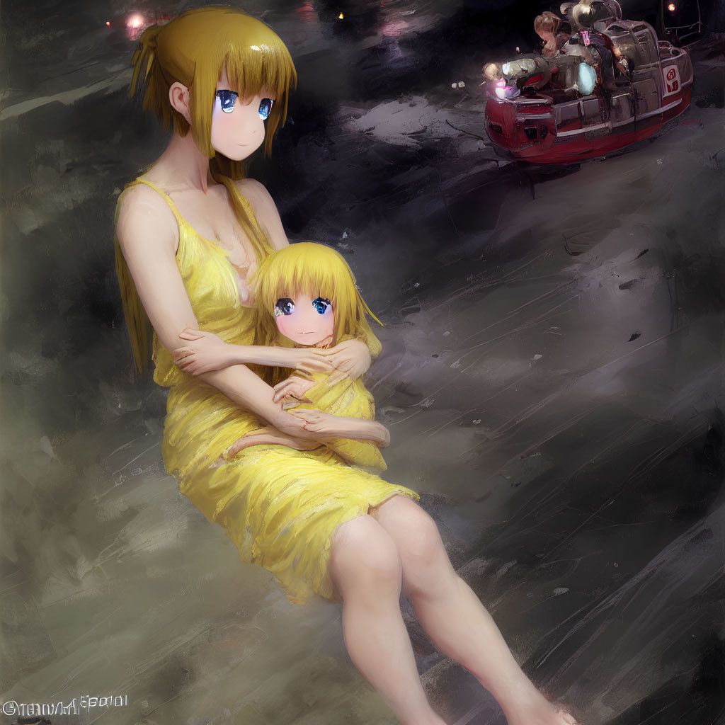 Illustrated girls in yellow dresses with blue eyes sit with emergency vehicle and responders.