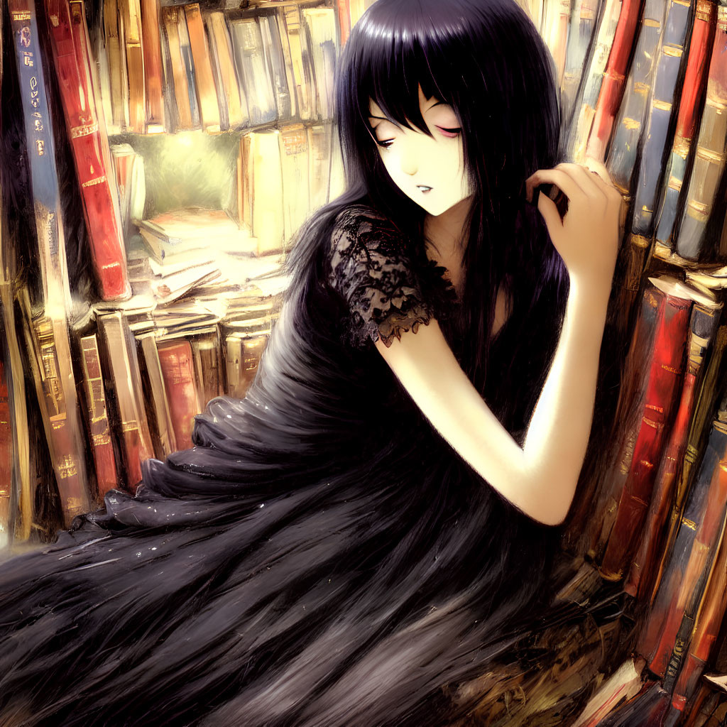 Illustration of girl with black hair in lace dress surrounded by books