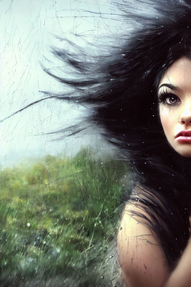 Woman with long black hair gazes through rain-streaked window.