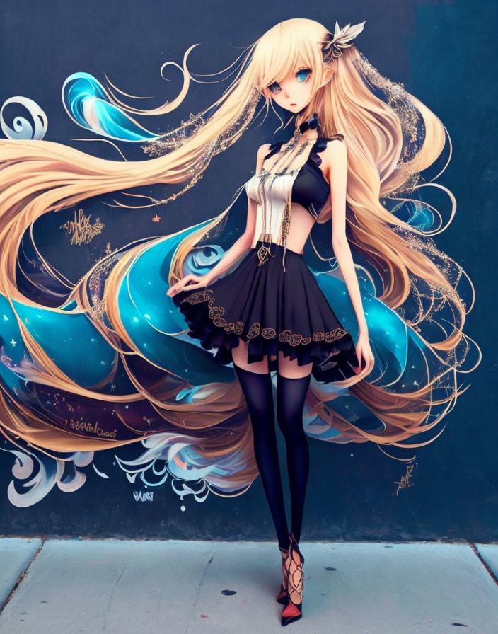 Blonde animated character in black dress with blue designs