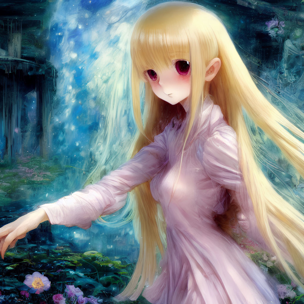 Anime girl in pink dress reaching for butterfly in mystical forest
