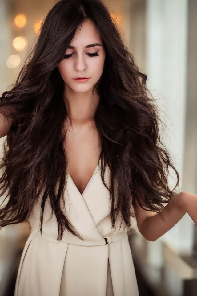 Woman with Long Wavy Dark Hair in Cream Dress Contemplating