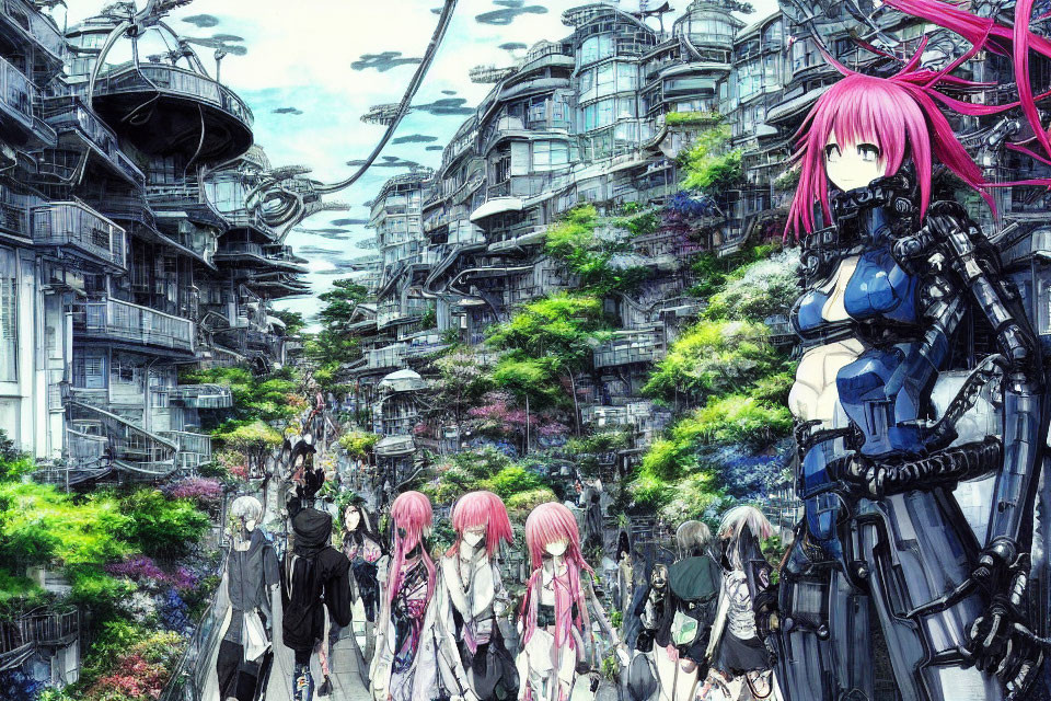 Pink-Haired Anime Character in Futuristic Cityscape