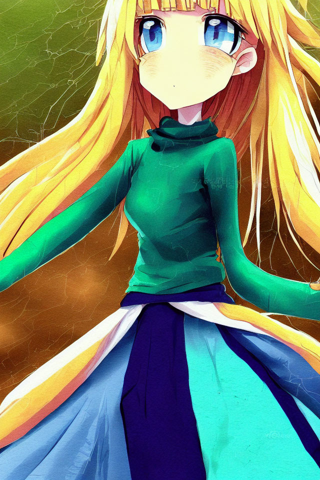 Anime girl with long blonde hair in green turtleneck and blue skirt