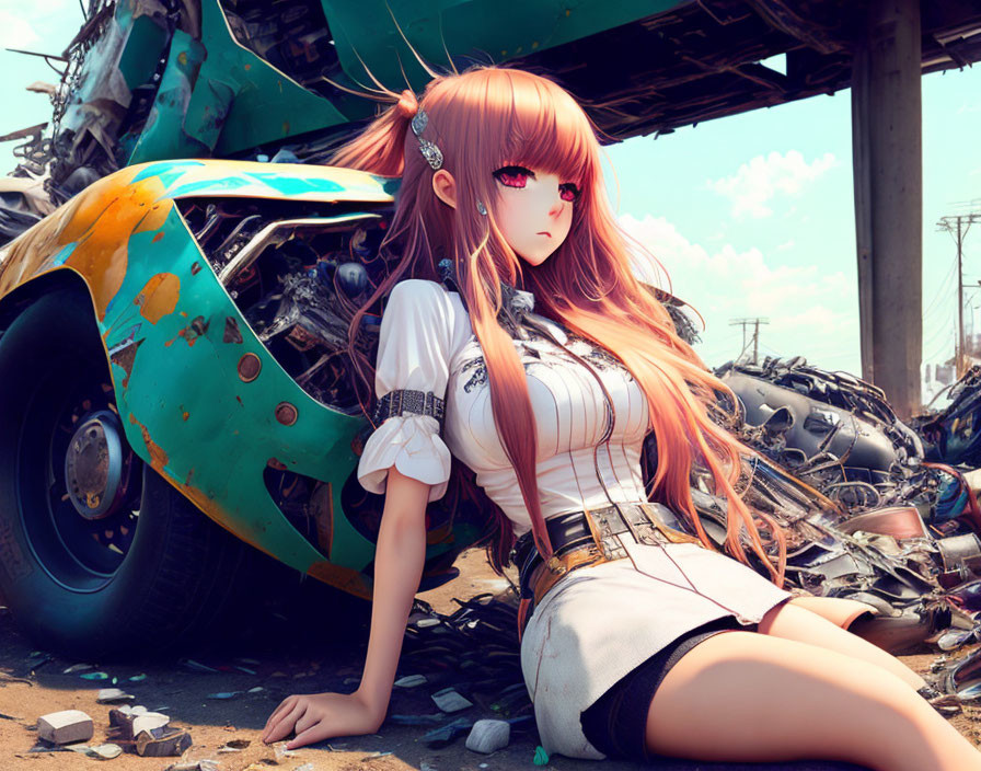 Animated girl with long hair and red eyes in scrapyard setting
