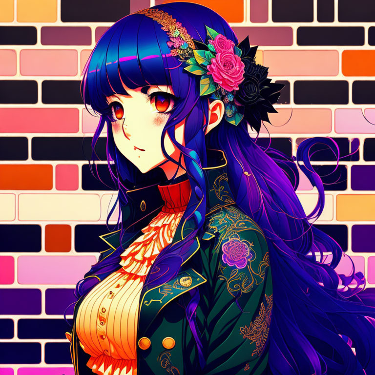 Blue-haired anime-style girl with floral headpiece against vibrant brick wall