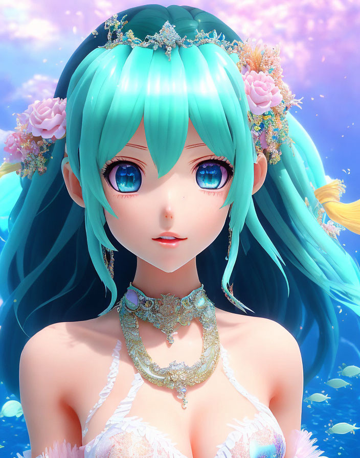 Female character portrait with teal hair, flowers, blue eyes, and jewelry on pastel blue backdrop