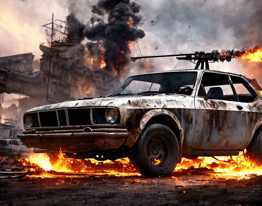 Battered car with roof-mounted weapon in post-apocalyptic scene