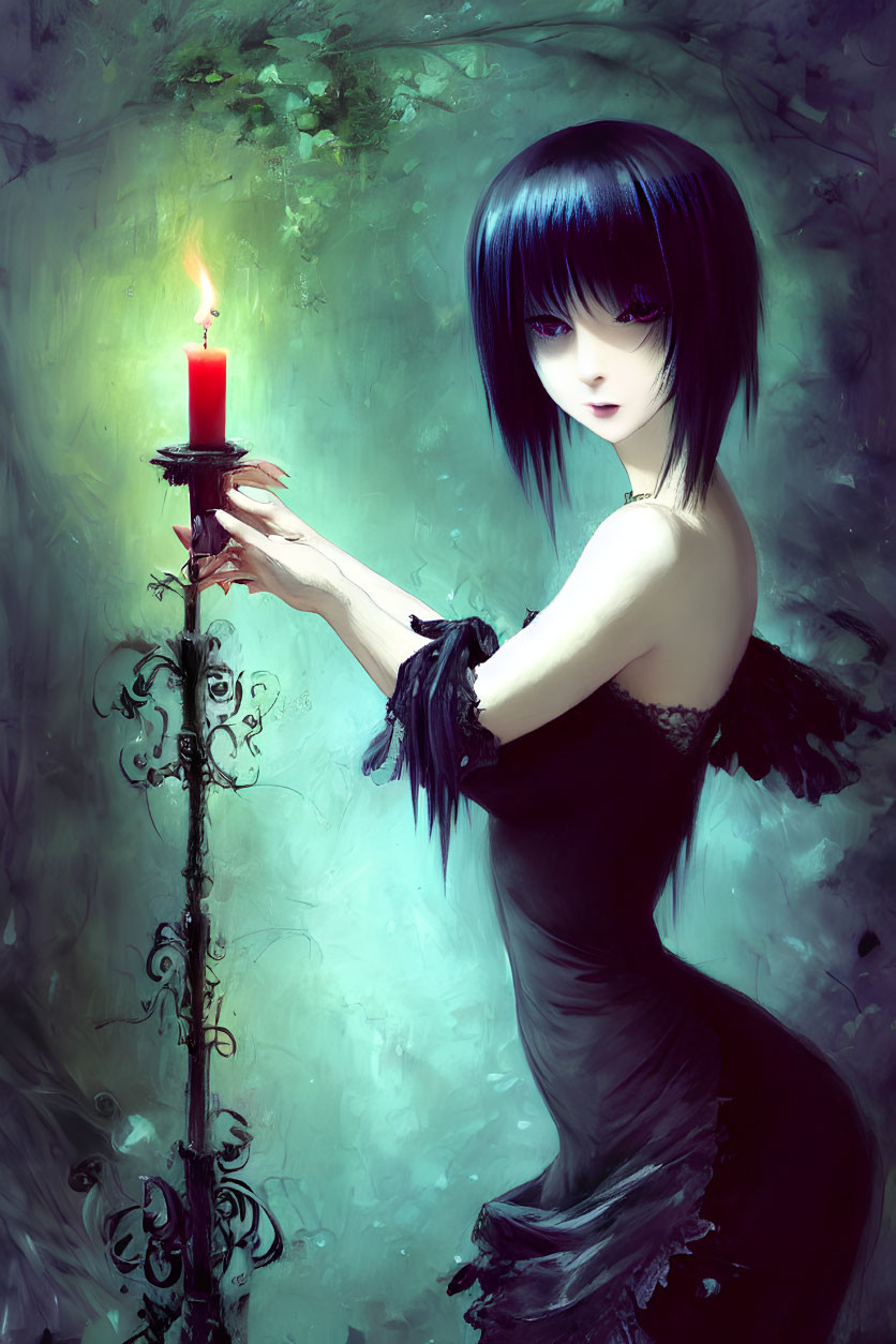 Gothic-style animated character with black hair holding red candle in green aura