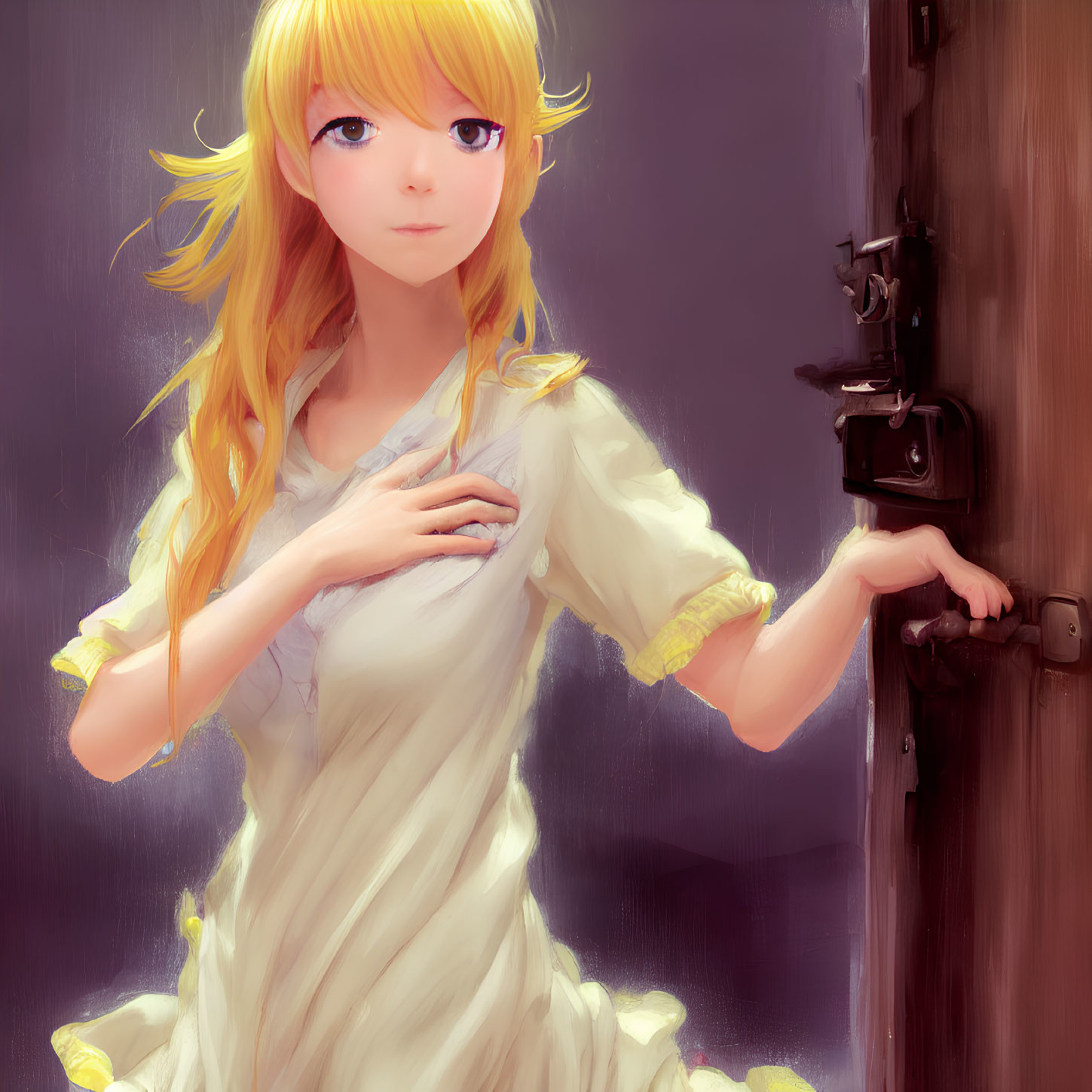 Blonde anime girl by wooden door in soft light with falling petals
