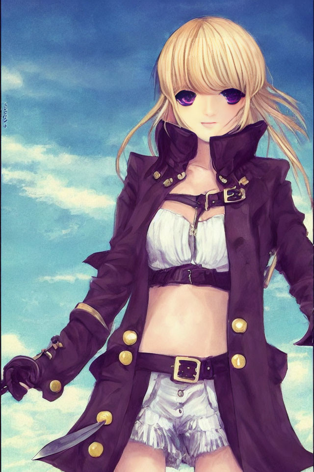 Blonde-Haired Anime Character in Brown Coat and Purple Eyes