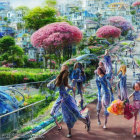Colorful futuristic cityscape with lush greenery and stylishly dressed people.