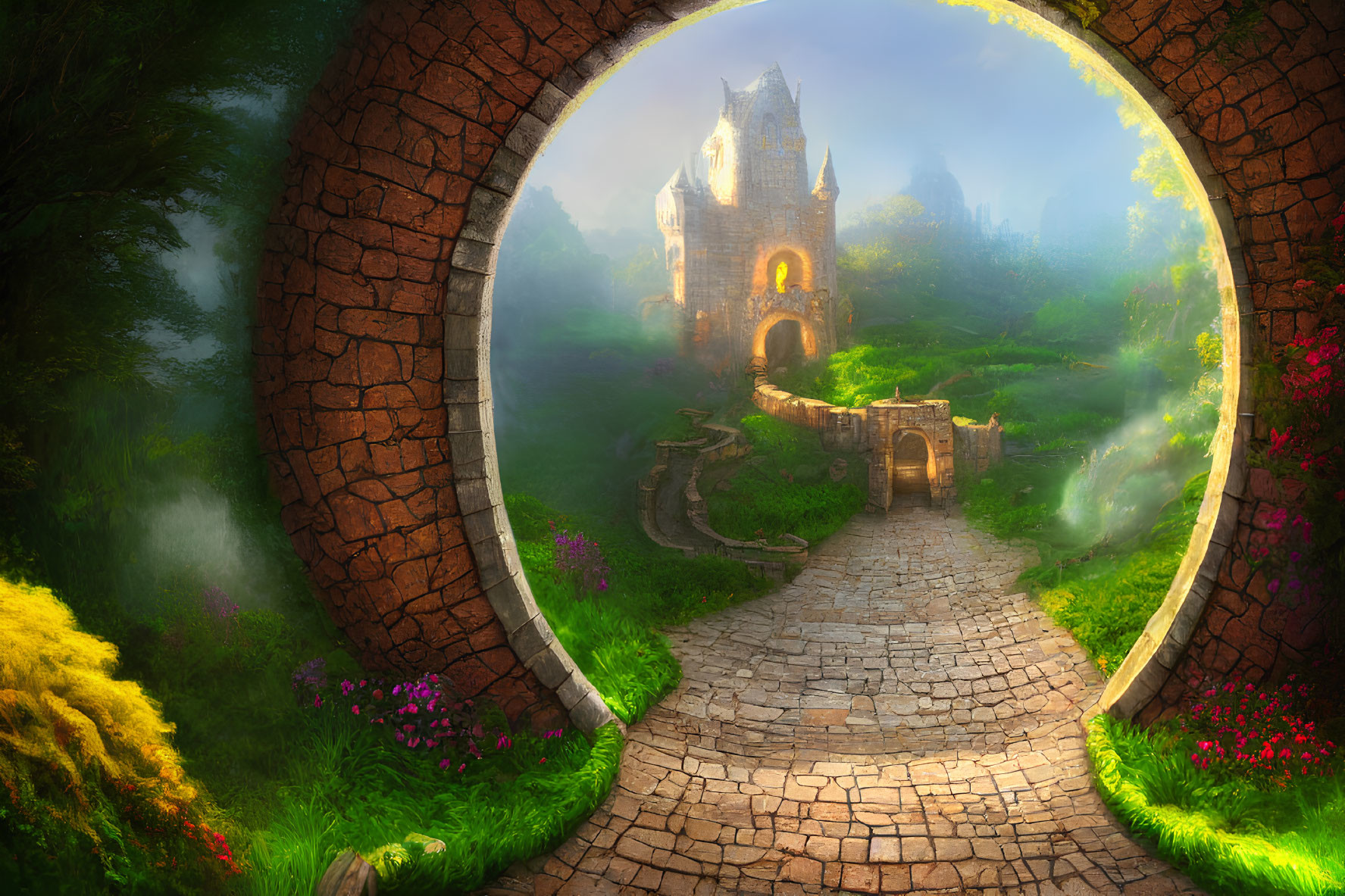 Mystical stone archway leading to enchanting castle in lush landscape
