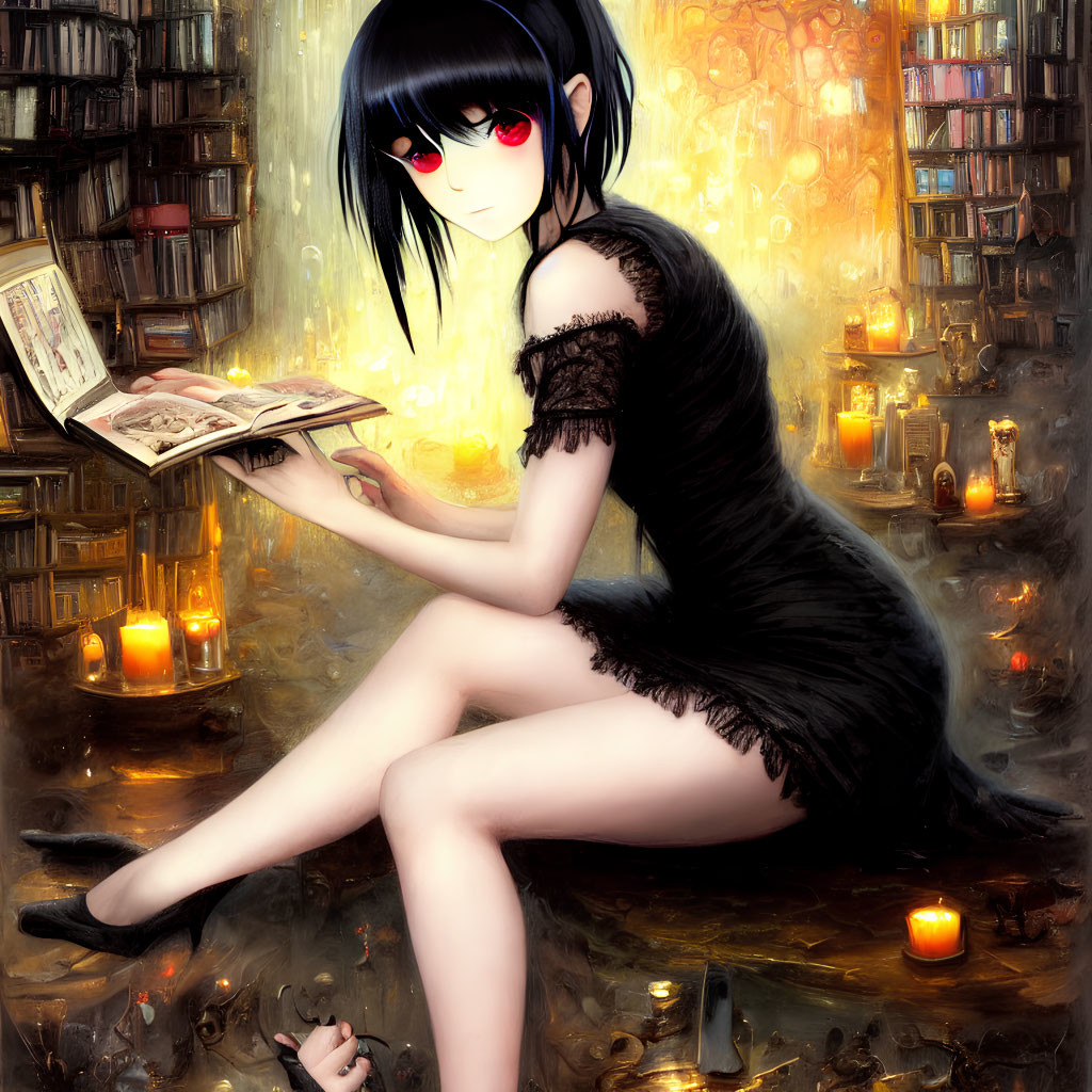 Girl with Black Hair and Red Eyes Reading Book Surrounded by Lit Candles and Skull Image