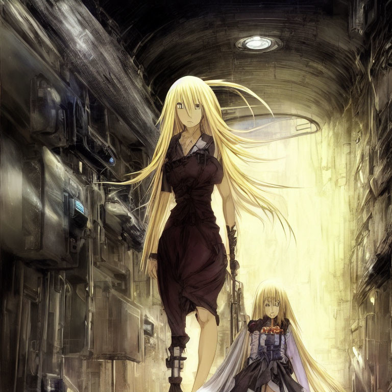 Blonde anime girl in dark dress in futuristic alleyway