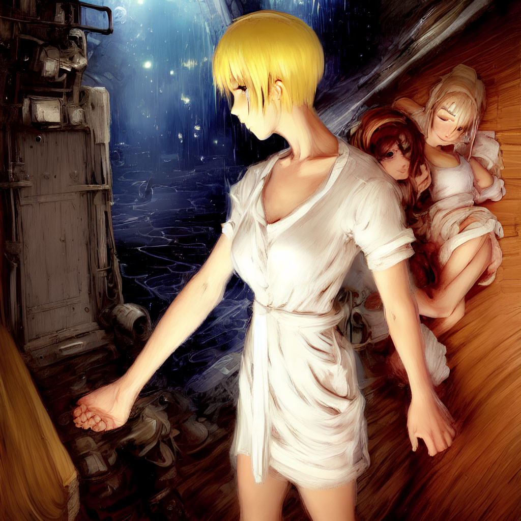 Blonde woman in dimly-lit room with sleeping characters