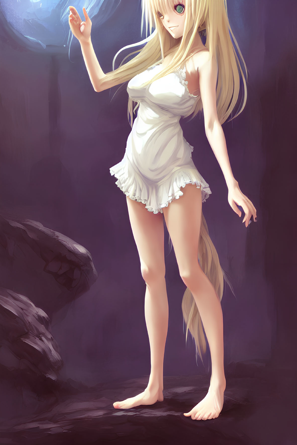 Blonde anime girl in white dress against mystical background