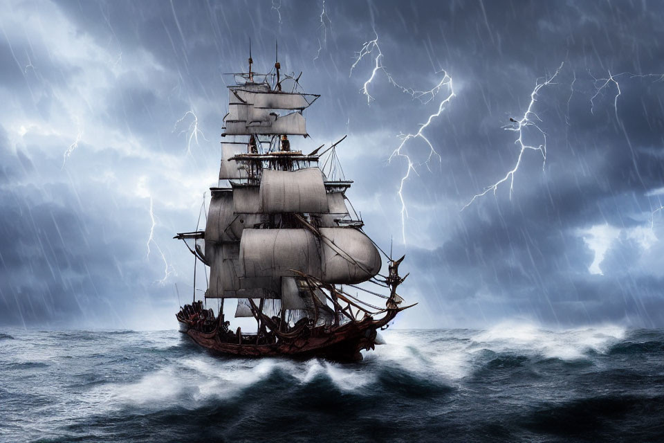 Tall ship sailing through turbulent seas in a lightning storm