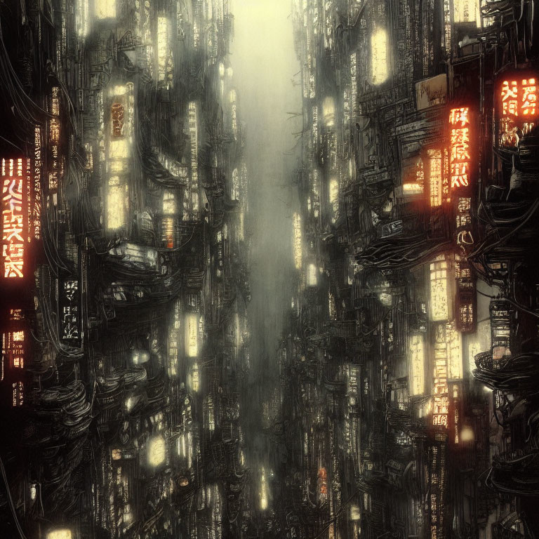 Dystopian cityscape with towering structures and neon signs