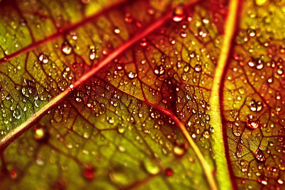 Detailed Close-Up of Green Leaf with Red Veins and Water Droplets