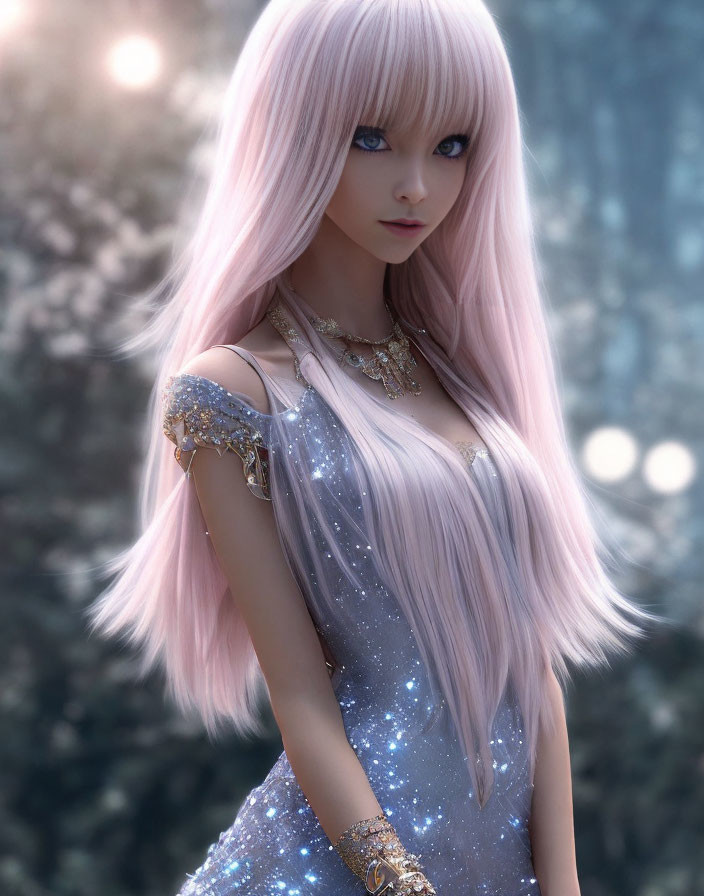 Fantasy character with long pink hair and silver dress.