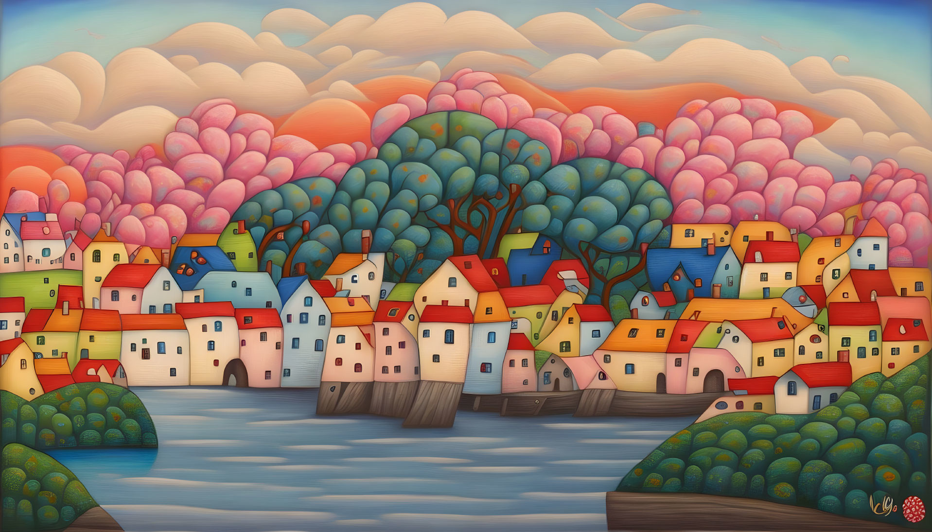 Vibrant Village Landscape with Colorful Houses, River, and Pastel Trees