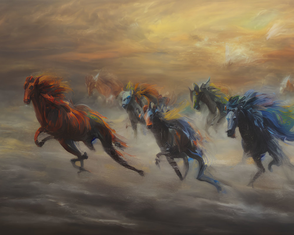 Colorful painting of galloping horses in dreamlike setting