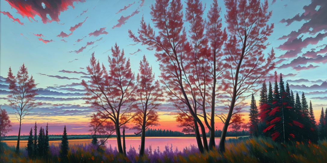 Tranquil landscape painting of vibrant sunset over lake