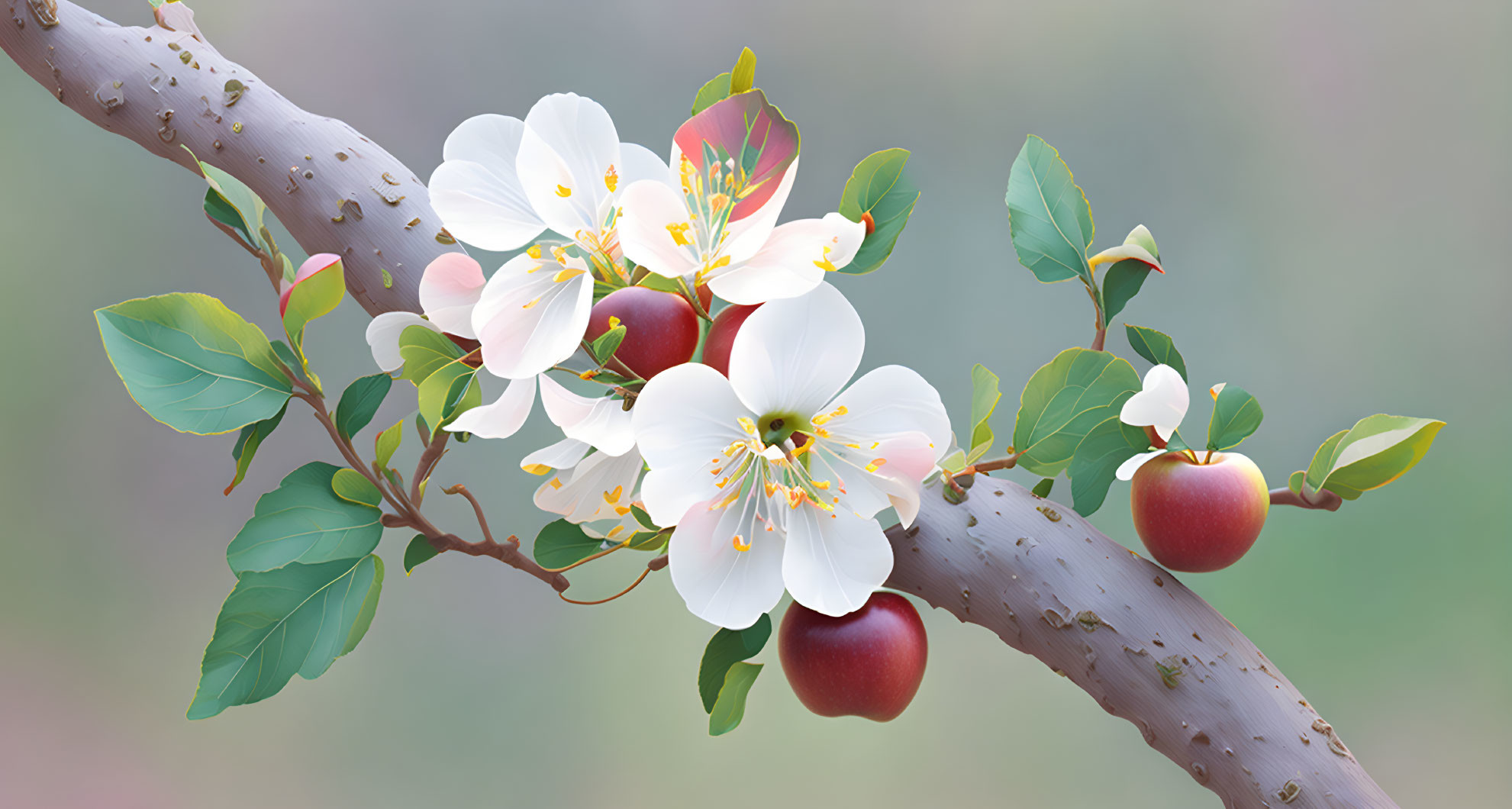 Tranquil depiction of white blossoms and red fruits on a branch