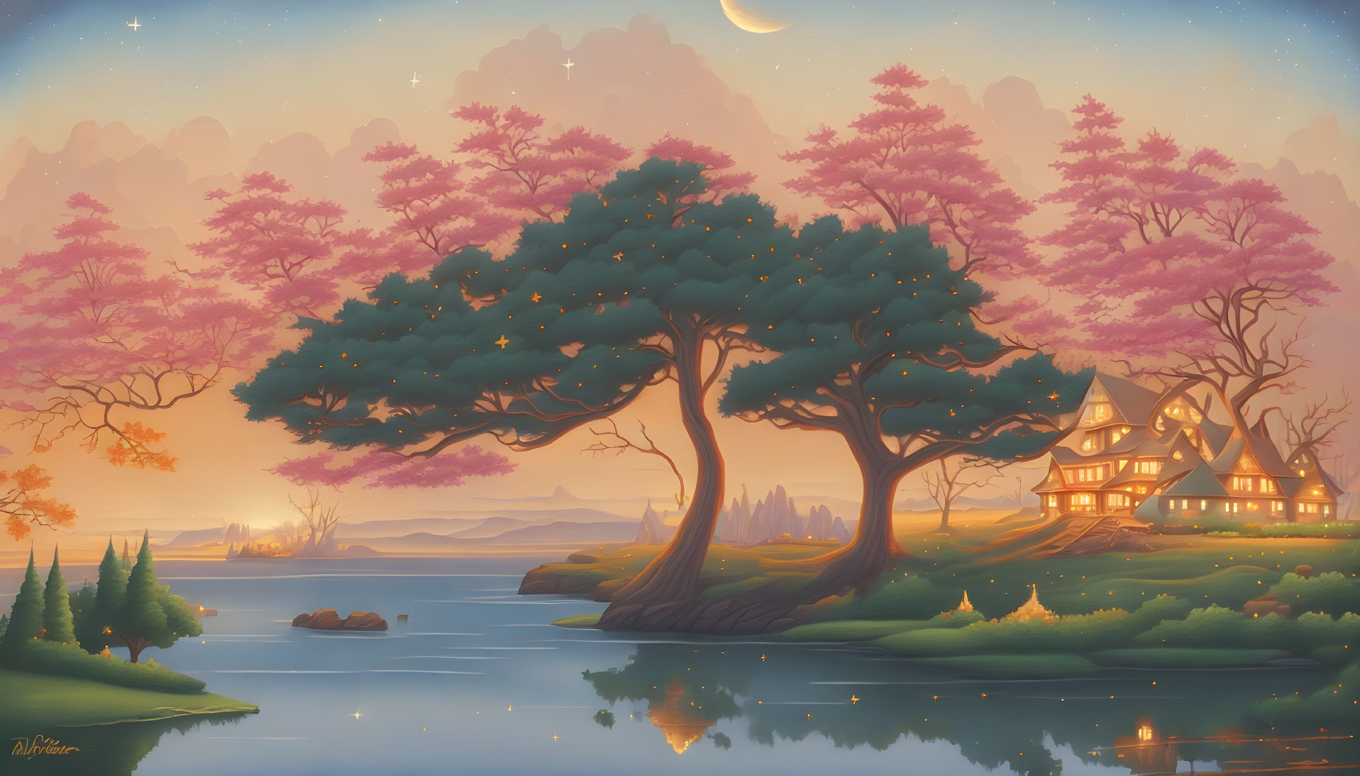 Tranquil twilight landscape with serene lake, tree, house, and pink-hued surroundings under star