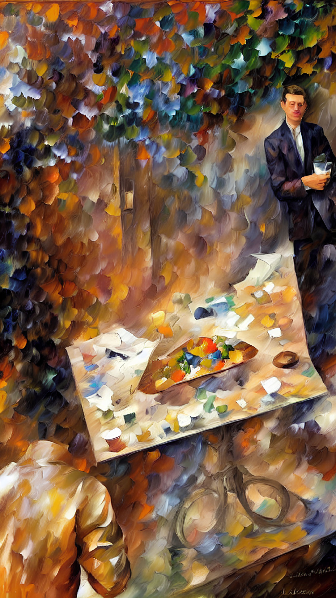 Man in Suit Beside Art Table in Warm, Autumnal Room